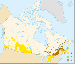 Map of Canada showing distribution of English-speaking, French-speaking and bilingual residents