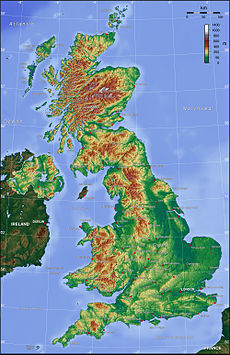 Map of United Kingdom showing hilly regions to north and west.