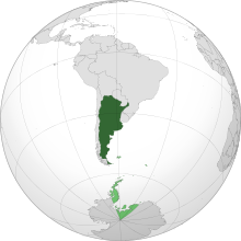 The Argentine claims in Antarctica (overlapping the Chilean and British Antarctic claims) along with the Falkland Islands, South Georgia, and the South Sandwich Islands (administered by the United Kingdom) shown in light green.