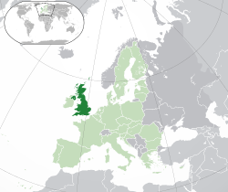 Two islands to the north-west of continental Europe. Highlighted are the larger island and the north-eastern fifth of the smaller island to the west.